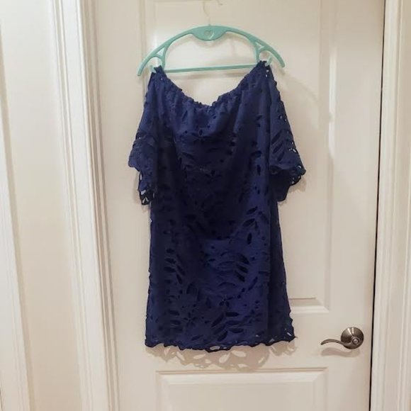 REDUCED! NWT Stunning Navy Blue Off/On the Shld Eyelet Dress Fully Lined Size L - Picture 1 of 1